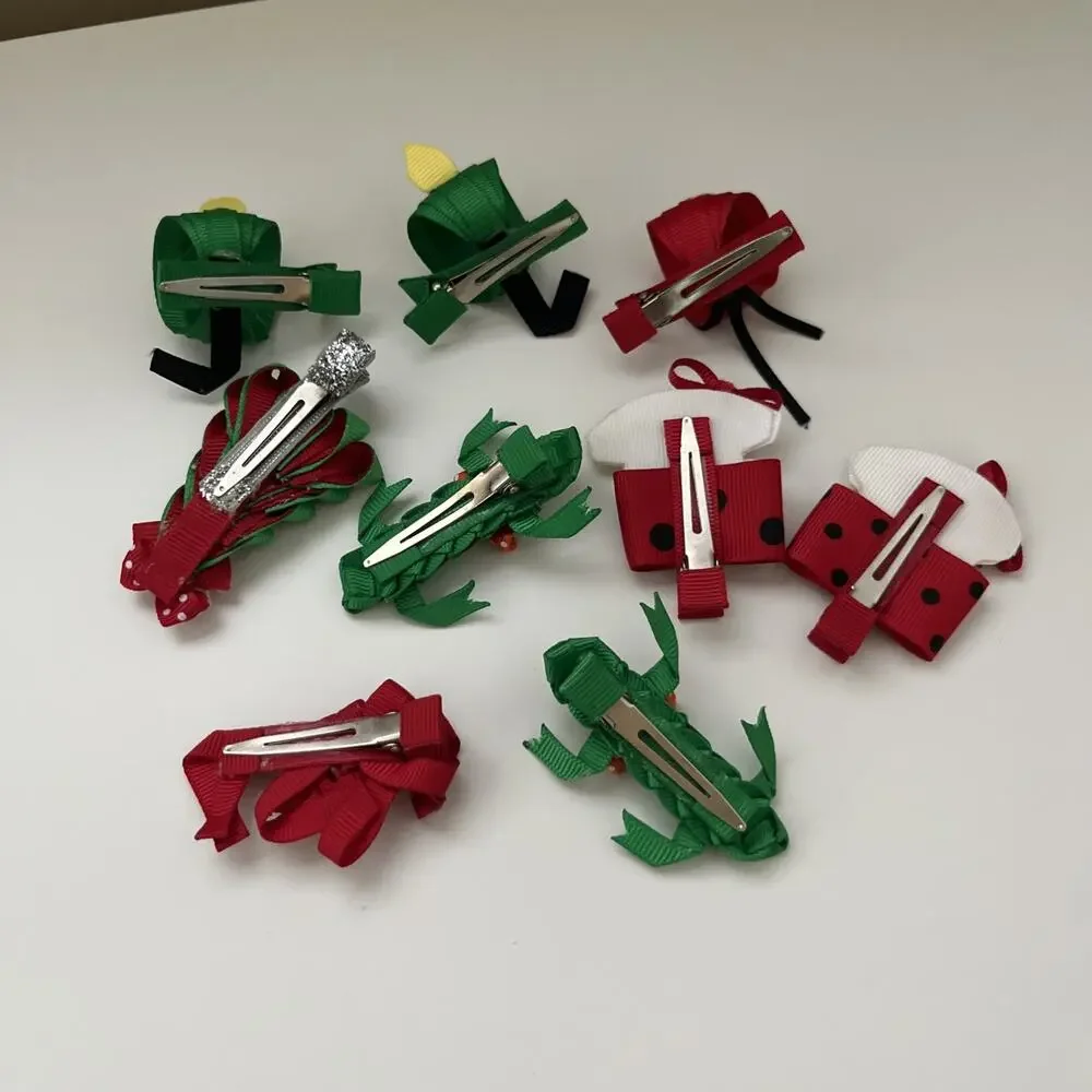 Lot Of 9 Ribbon Designed Hair Clips Christmas Bulldog Gators More